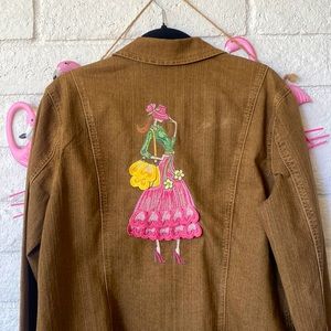 Cato Embroidered Jacket XL Chic Woman in Heels w/ Flowers Pink Green Yellow